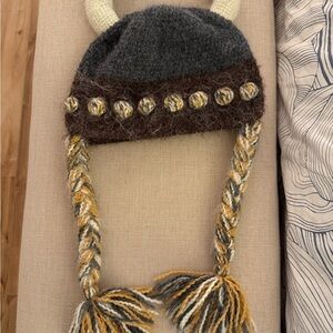 Kids Viking Knit Hat with Braids - Gray and Brown
